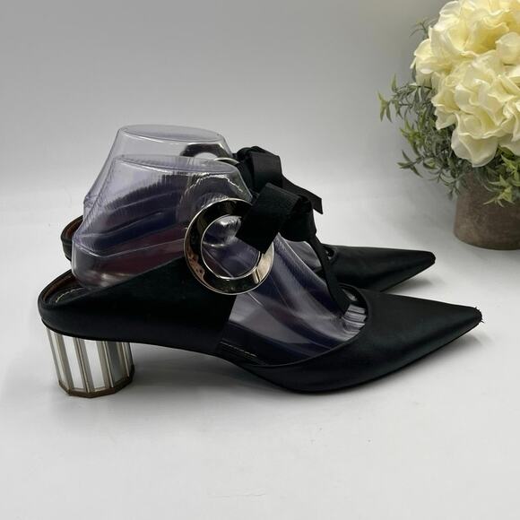 Proenza Schouler Black Leather Grommet Tie Block Mirrored Mules Heel Sz 41/10 - Picture 2 of 12